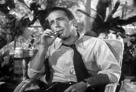 Spocony Humphrey Bogart jako detektyw Marlowe pali swojego camela w dusznej szklarni pełnej storczyków (kadr z filmu "Głęboki sen"