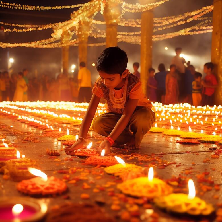 Chłopiec zapala lampki w czasie święta Diwali