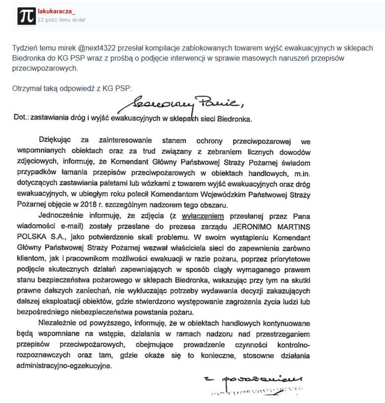 Jeden z użytkowników serwisu wykop.pl zgłosił sprawę zablokowanych towarem wyjść ewakuacyjnych w sklepach sieci Biedronka do KG PSP z prośbą o podjęcie