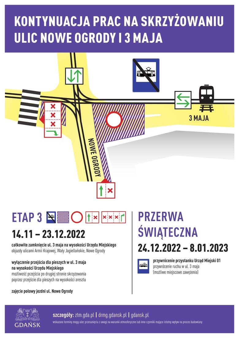 Zamknięcie ulicy 3 Maja na wysokości Urzędu Miejskiego w Gdańsku w nocy z 13 na 14 listopada 2022 r. Nowa organizacja ruchu!
