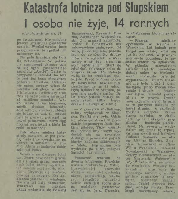 Dokończenie artykułu o katastrofie ze strony 1 z Głosu Pomorza z 28 marca 1981 roku.