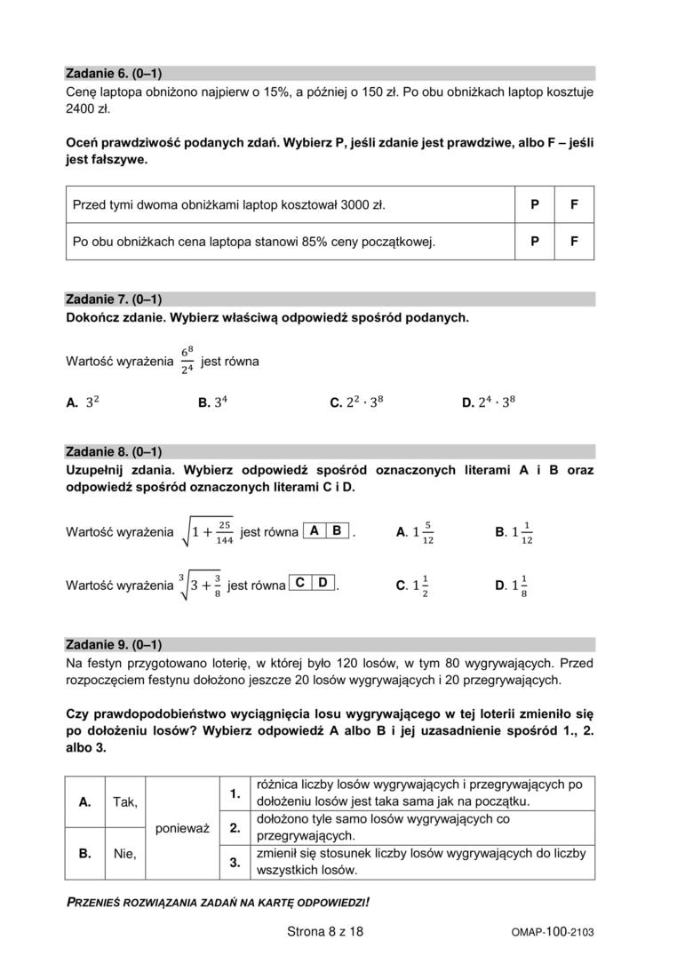 Próbny Egzamin ósmoklasisty 2021 Z Matematyki Arkusz Pytań Cke Odpowiedzi Rozwiązania Zadań 5204