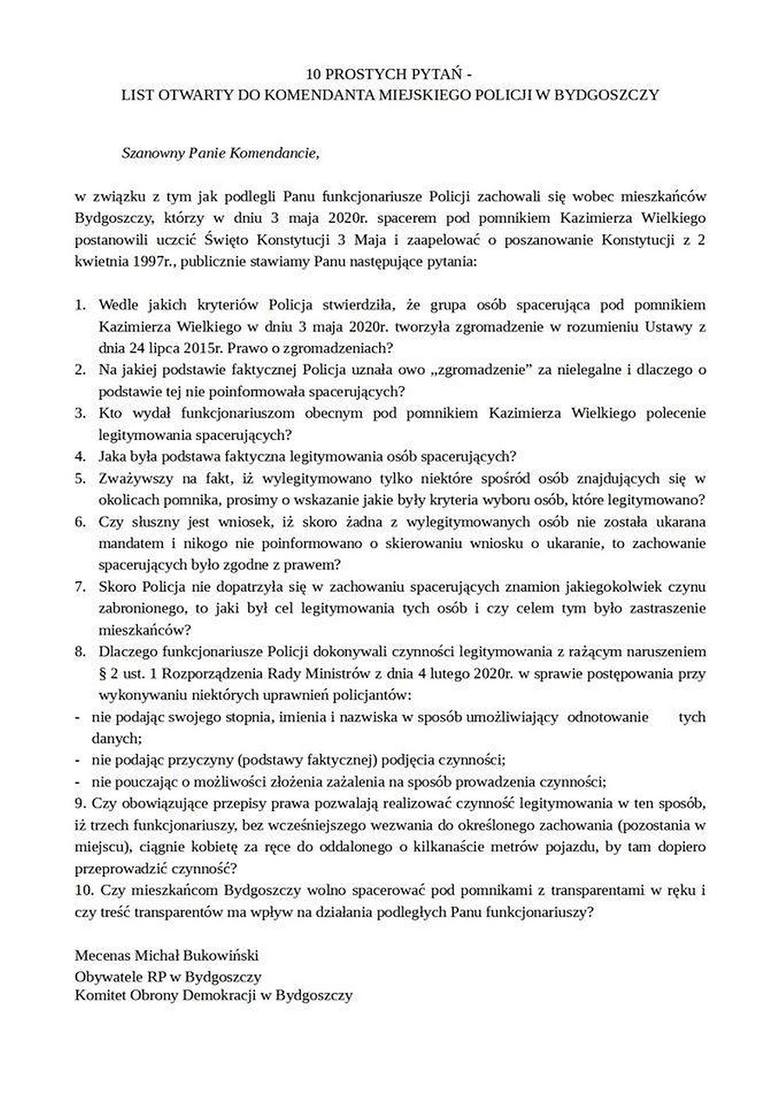 List otwarty do komendanta miejskiego policji w Bydgoszczy w sprawie wydarzeń z 3 maja pod pomnikiem
