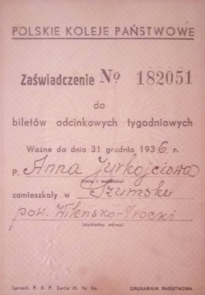 Zaświadczenie Anny Jurkojciowej, żony Wacława, wydane przez Polskie Koleje Państwowe