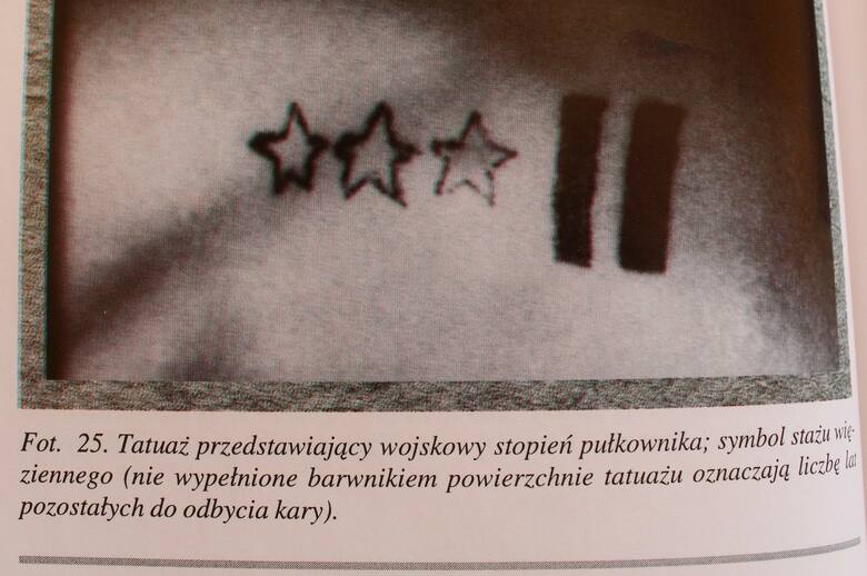 „dystynkcje” – wojskowe pagony tatuowane na barkach. Oznaczają one staż więzienny. Każda belka to 1 rok, a każda gwiazdka to 3 lata.