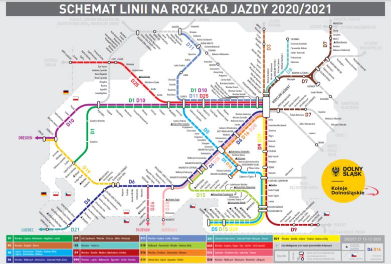 Aktualny schemat linii kolejowych obsługiwanych przez Koleje Dolnośląskie