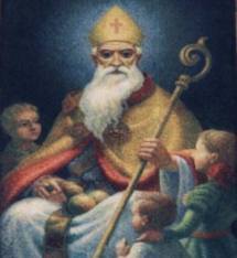 Św. Mikołaj, biskup z Miry z trzema uratowanymi przez siebie młodzieńcami oraz trzema złotymi kulami