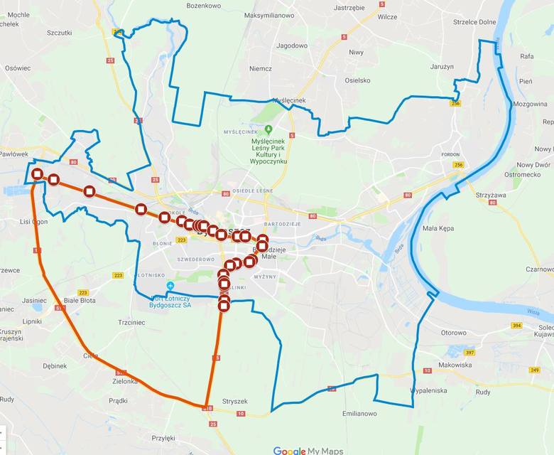 Obszar zagrożony wścieklizną zwierząt (zaznaczono na czerwono).  Niebieskim obszarem oznaczono granice miasta Bydgoszczy.