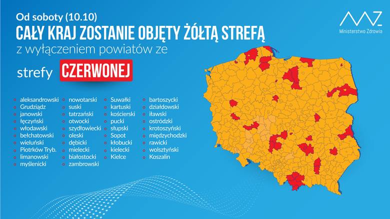 Od soboty, 10 października, cała Polska jest żółtą strefą. Koszalin znalazł się w strefie czerwonej. Sprawdź najnowsze informacje dotyczące pandemii