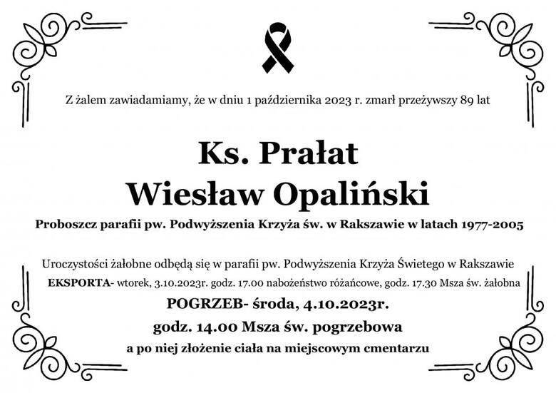 Zmarł ks. prał. Wiesław Opaliński, emerytowany proboszcz parafii w Rakszawie