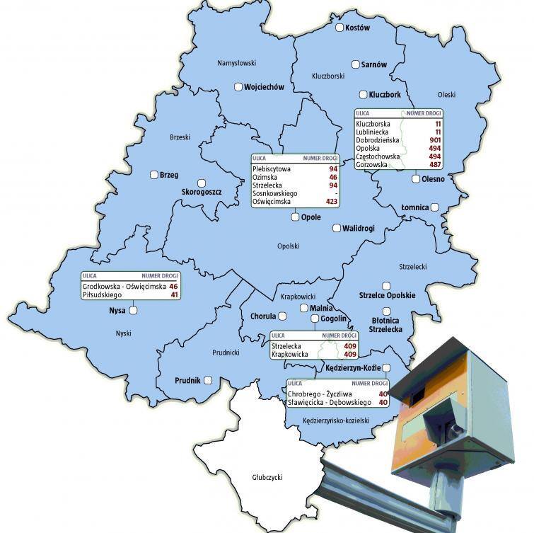 Mapa fotoradarów w województwie opolskim
