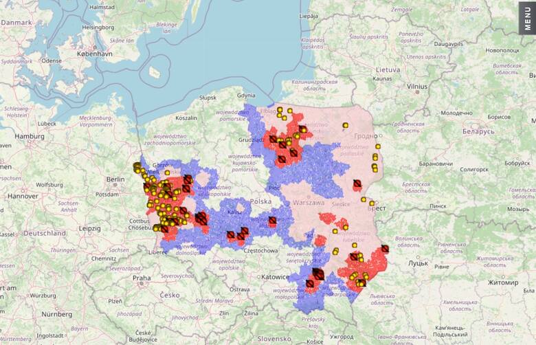 Mapa obszarów i ognisk ASF w Polsce (4.08.2021)