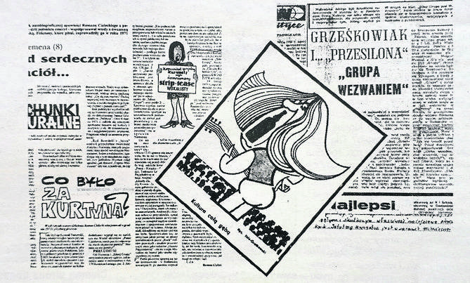 Karykatury wyszydzające Czesława Niemena i kopia feralnego artykułu z „Gazety Radomszczańskiej” z 1971 (z prawej)