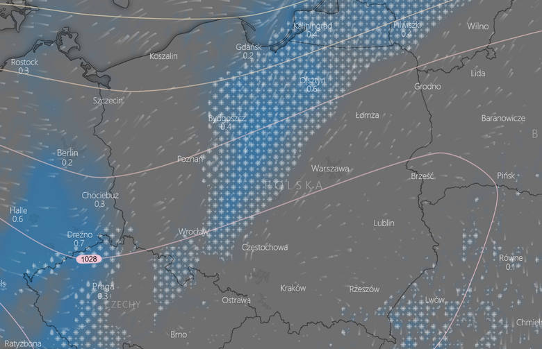 Poniedziałek, godzina 14.00 - spodziewane opady w Polsce