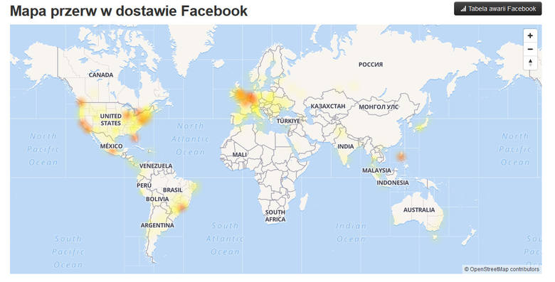 Mapa przerw w dostawie Facebooka
