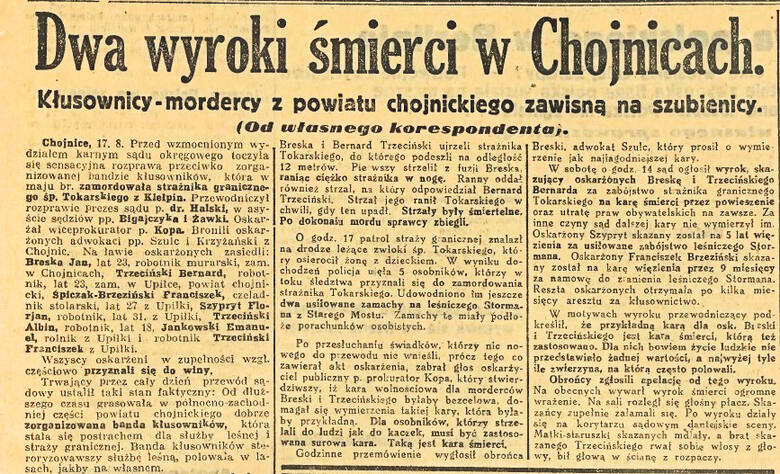 Relację z rozprawy sądowej, na której zapadły wyroki śmierci wobec kłusowników z Upiłki, zamieścił „Dziennik Bydgoski” <br /> 