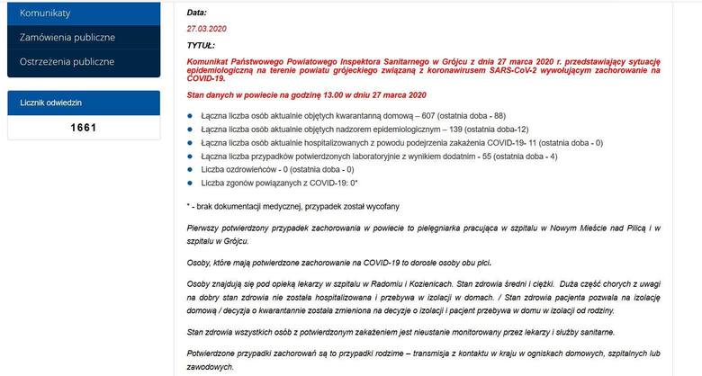 Screen zaktualizowanego komunikatu Powiatowej Stacji Sanitarno - Epidemiologicznej w Grójcu z 27 marca.