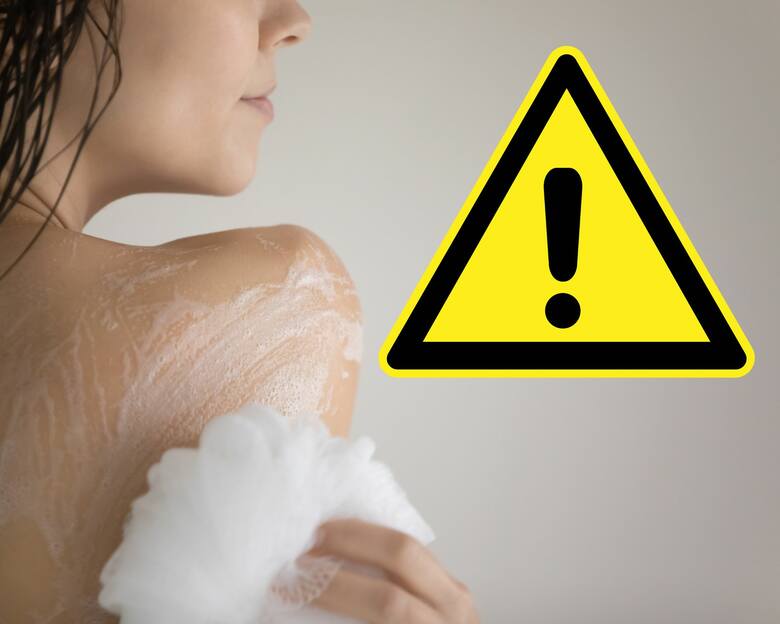 Kobieta używająca produktu do mycia ciała i znak ostrzeżenia
