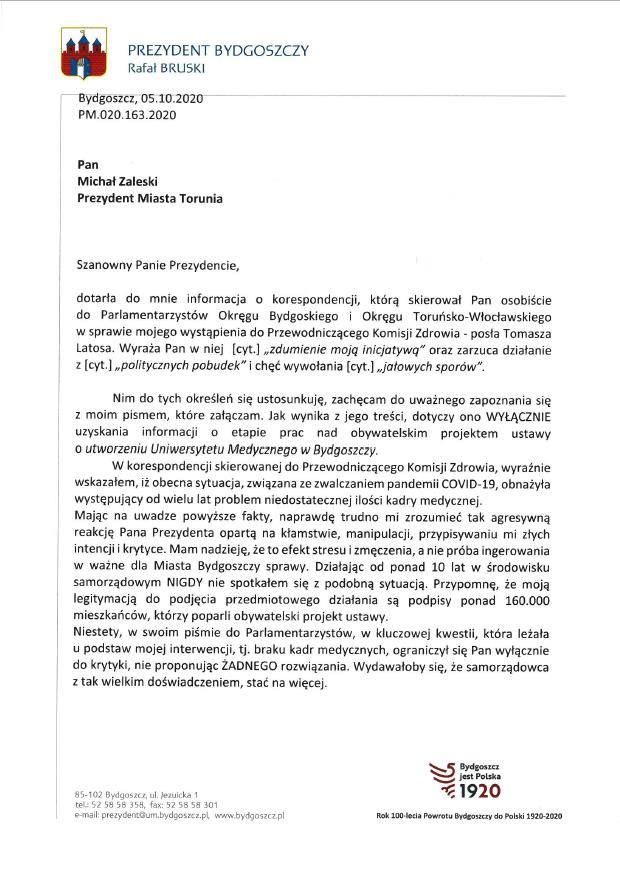 List prezydenta Rafała Bruskiego do prezydenta Torunia Michała Zaleskiego (cz.1)