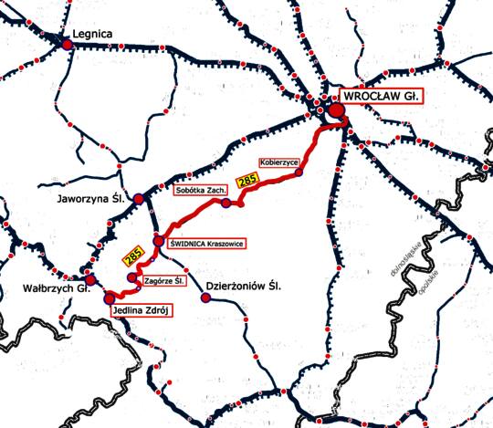 Linia kolejowa 285 (po zmianie - 266 na odcinku Świdnica - Jedlina) na mapie kolejowej Dolnego Śląska