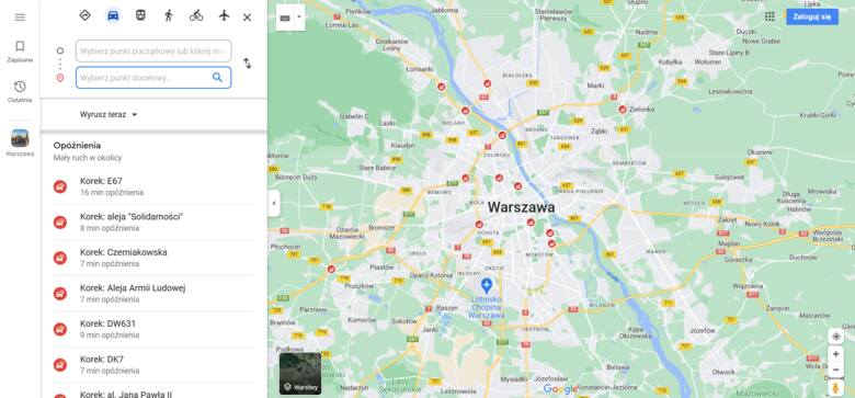 Screen z Google Maps - środki transportu i nie tylko
