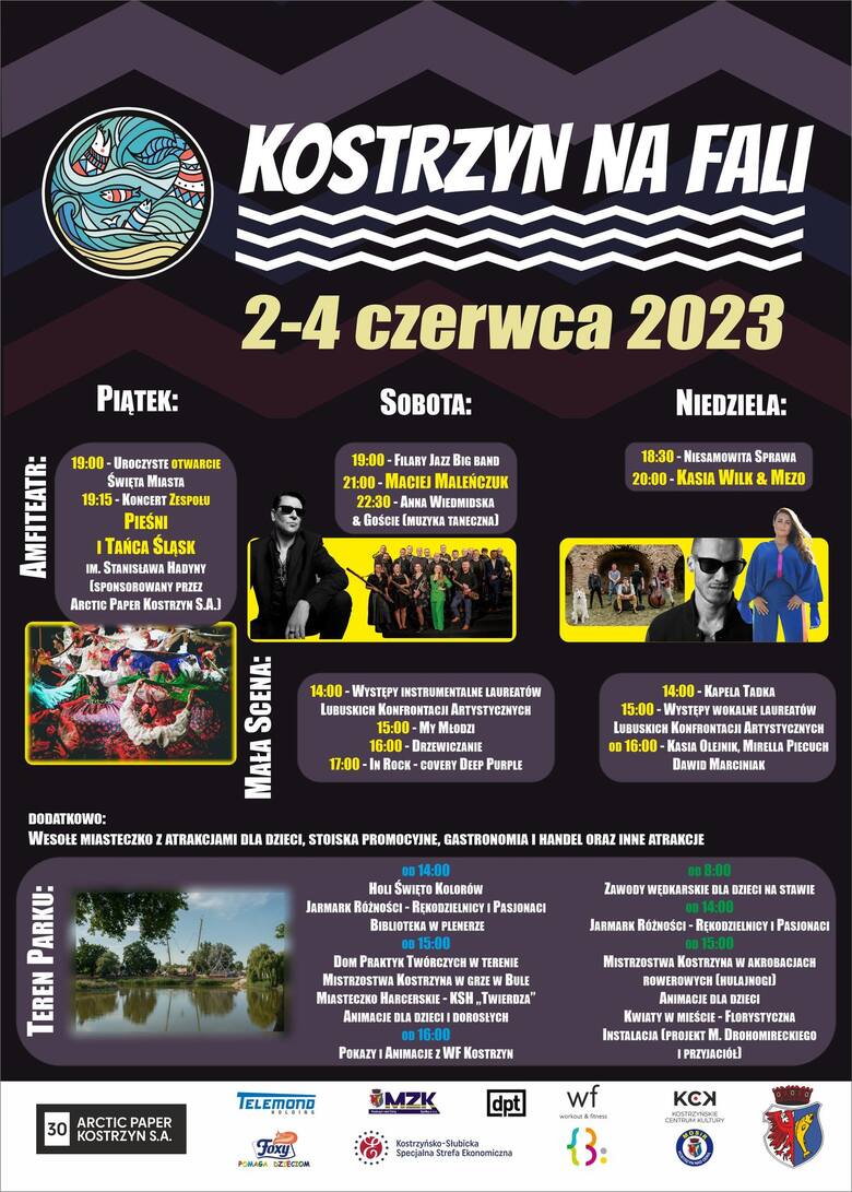 Plakat informacyjny Kostrzyn na Fali 2023. Święto miasta potrwa od piątku do niedzieli.