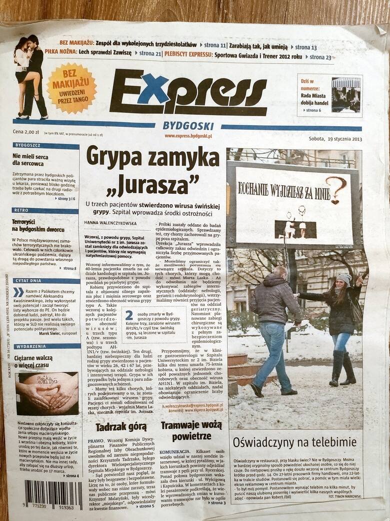 Zdjęcie z tych wyjątkowych oświadczyn ozdobiło stronę 1 wydania "Expressu Bydgoskiego" z 19 stycznia 2013 roku.