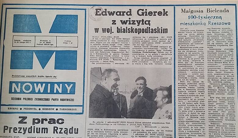 Pierwsza strona Nowin z 19 lutego 1977 roku z informacją o uznaniu Małgosi Bielendy za stutysięczną mieszkankę Rzeszowa