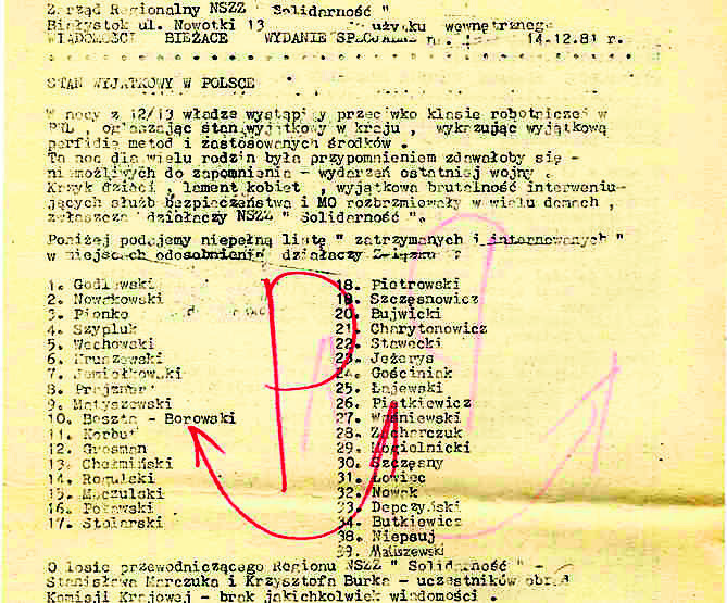 W podziemnych „Wiadomościach Bieżących” podano nazwiska internowanych działaczy białostockiej „S”