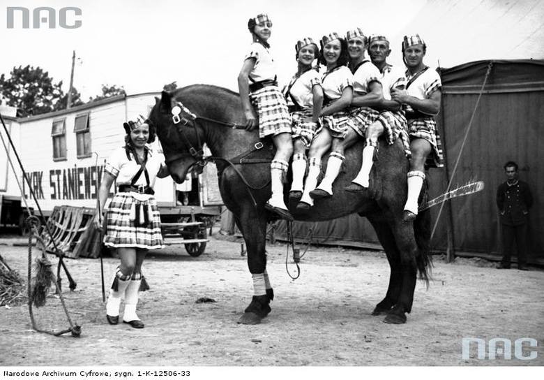 Grupa woltyżerów w strojach scenicznych na koniach pozująca do zdjęcia.
