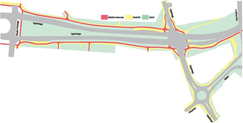 Po obu stronach: wschodniej i zachodniej będą ścieżki rowerowe (na infografice - na czerwono) i chodniki (na żółto).
