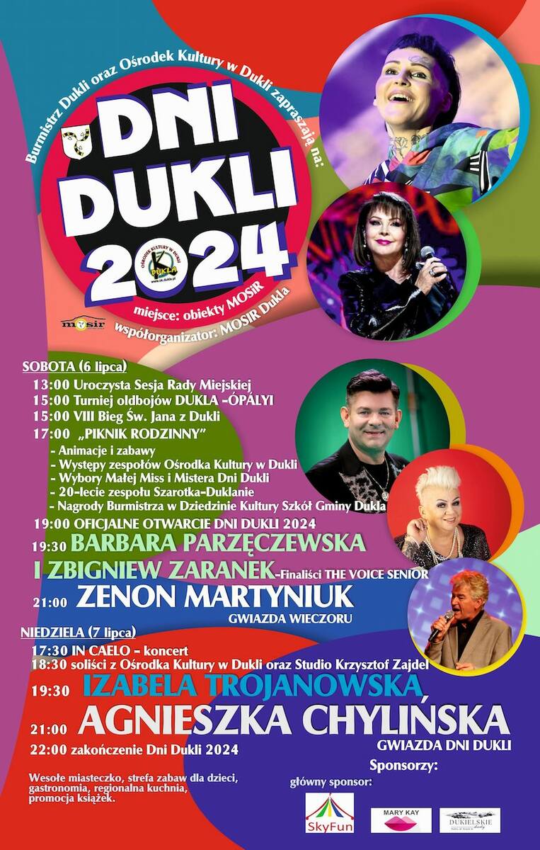Dni Dukli 2024 odbędą się 6-7 lipca na obiektach MOSiR w Dukli. Gwiazdami imprezy są: Zenon Martyniuk, Izabela Trojanowska i Agnieszka Chylińska. Pozostałe