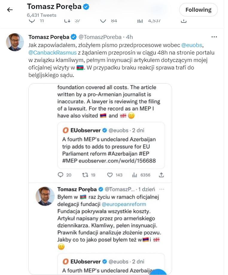 Europoseł Tomasz Poręba domaga się przeprosin od serwisu EUobserwer 