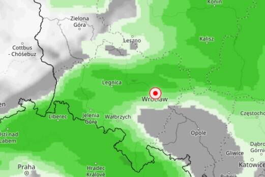 Prognozowane opady na Dolnym Śląsku w nocy z poniedziałku na wtorek (13/14 listopada).