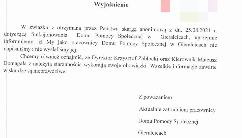 43 pracowników DPS-u w Gierałcicach podpisało się pod pismem, że nie oni są autorami anonimu i że podane w nim informacje są nieprawdziwe.