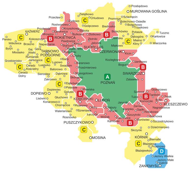 Mapa przedstawiająca strefę taryfową w Poznaniu. W Stolicy Wielkopolski mamy aż cztery różne strefy.
