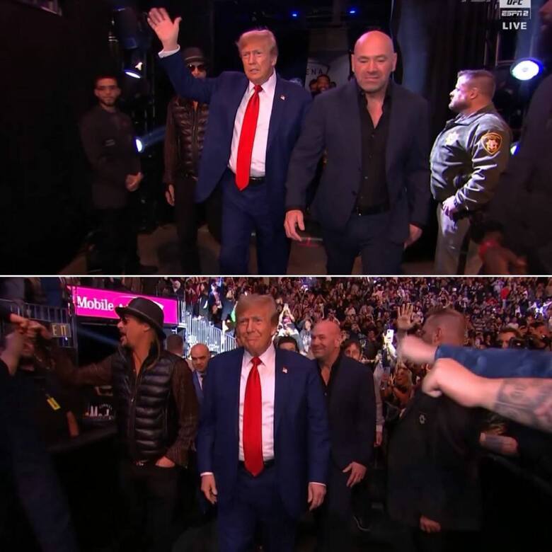 Były prezydent USA Donald Trump i właściciel UFC Dana White podczas gali UFC 296 w T-Mobile Arena w Las Vegas