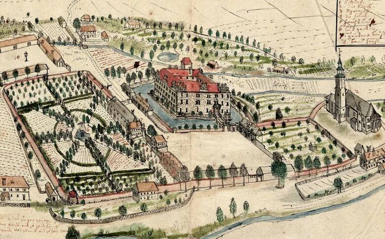Grafika F.B. Wernera z „Topografia Silesia” z poł. XVIII w. przedstawiająca zamek w Starej Kamienicy