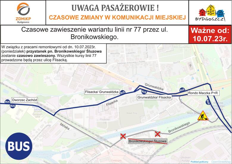 Bronikowskiego będzie nieprzejezdna. Autobusy linii nr 77 pojadą inaczej.