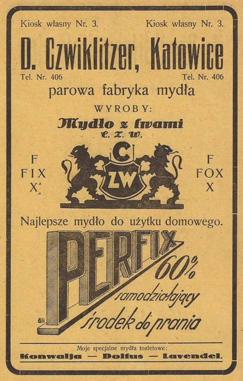Reklama mydła z fabryki „D. Czwiklitzer” z początku XX wieku. Fabryka mieściła się początkowo przy obecnej ul. Wawelskiej.<br /> 