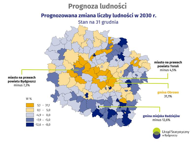 Prognozowana zmiana liczby ludności w 2030 r. w województwie kujawsko-pomorskim
