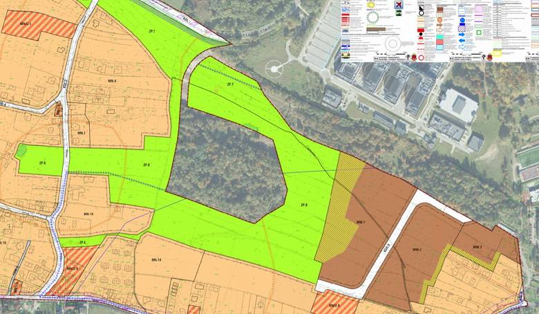 Propozycja projektu planu "Piaski Wielkie" obejmującego rejon Słonej Wody. Obszar wewnątrz zielone obszaru ZP.8 jest już chroniony