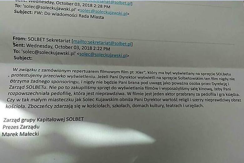 Prezes firmy Solbet do dyrektor kina w Solcu Kujawskim: - Protestujemy przeciwko wyświetlaniu filmu 