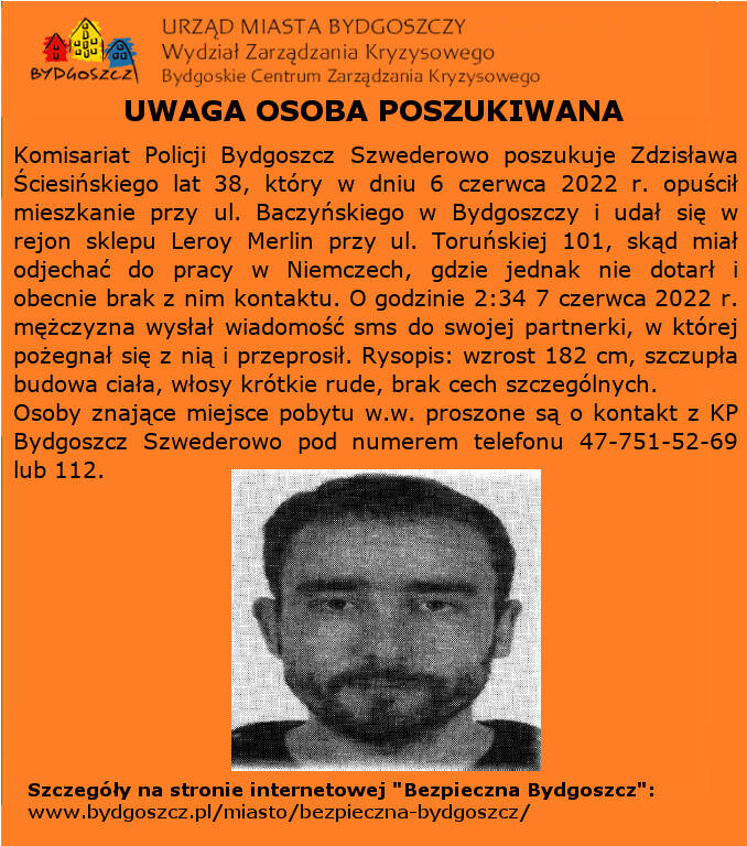 Bydgoska policja poszukuje zaginionego Zdzisława Ściesińskiego.