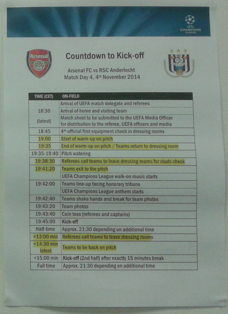 Organizacja meczu Ligi Mistrzów - plan sekunda po sekundzie w szatni na meczu fazy grupowej Ligi Mistrzów 2014/2015 Arsenal - Anderlecht