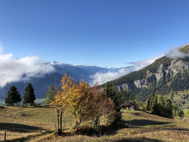 Jesienny krajobraz podziwiany z miejscowości Albinen w Szwajcarii
