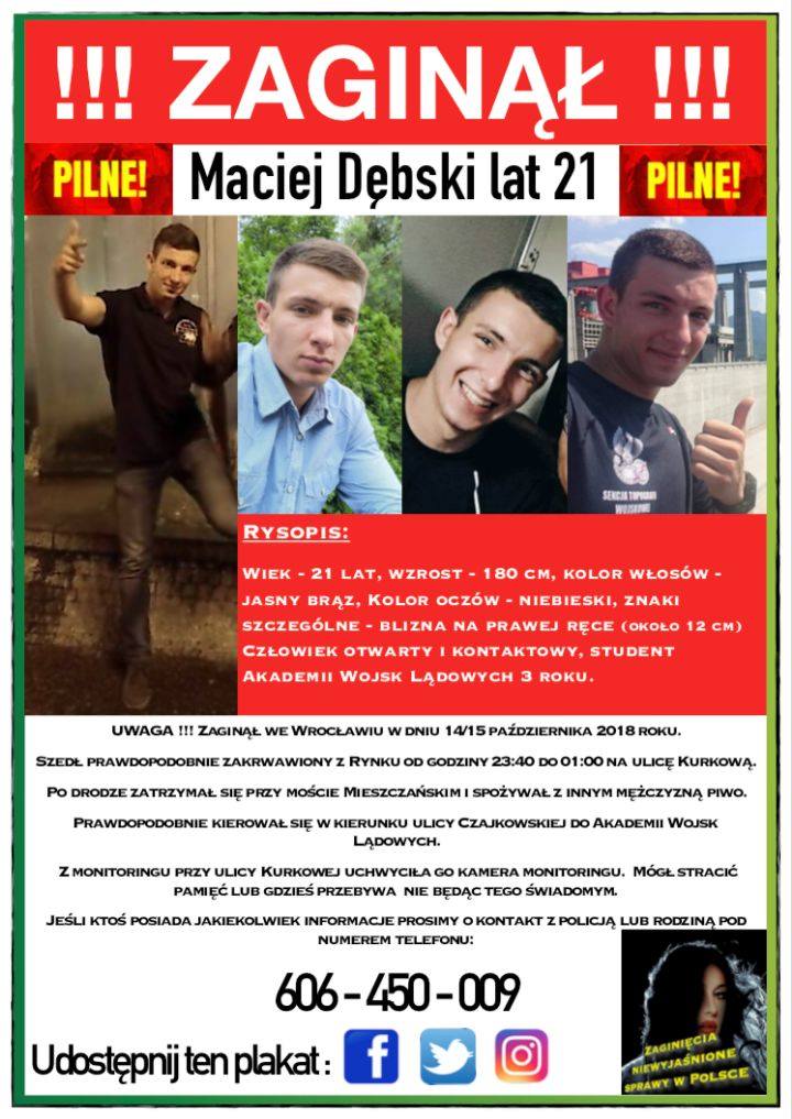 Plakaty o zaginionym, które wisza we Wrocławiu
