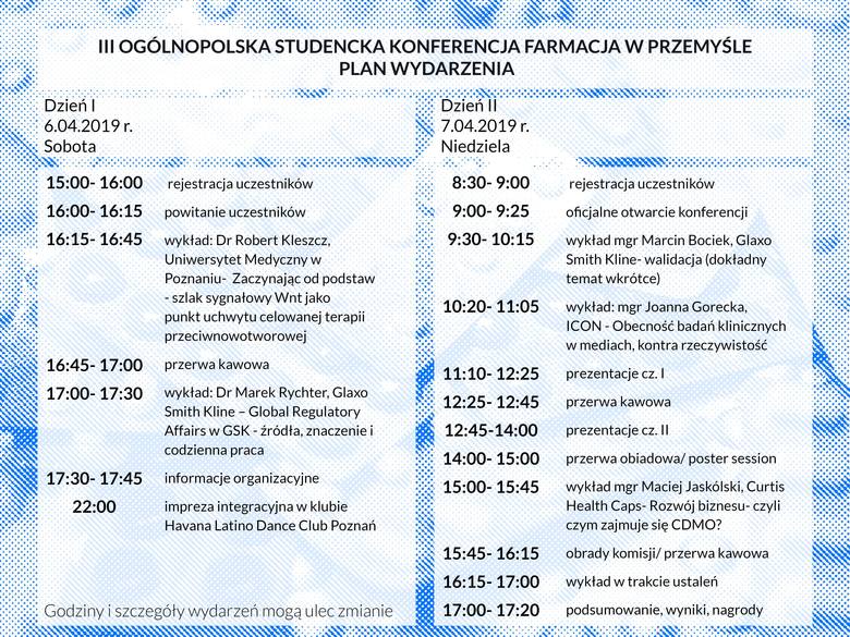 Plan III Ogólnopolskiej Studenckiej Konferencji "Farmacja w Przemyśle".W weekend, 6-7 kwietnia odbędzie się III Ogólnopolska Studencka