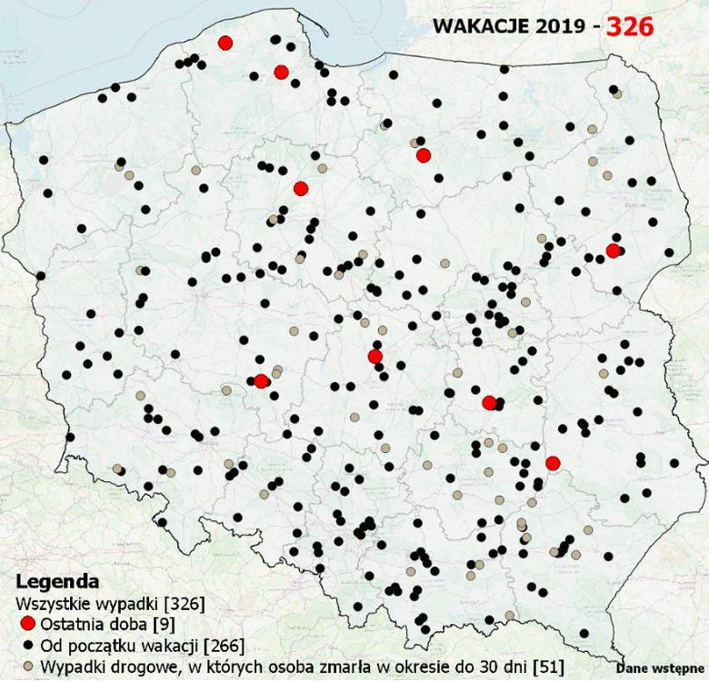 Dane dot. wypadków śmiertelnych w Polsce - dane z półmetku wakacji 2019