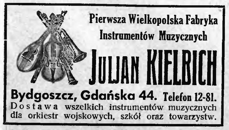 Firm wytwarzających instrumenty muzyczne w Bydgoszczy było bardzo wiele. Powyżej jedna z dawny reklam, jaką znajdziemy w  „Przemysłowej Bydgoszczy”.
